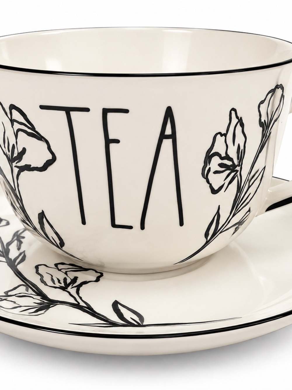 Rae Dunn NWT! Cream and Black 'TEA' Cup with Floral Saucer NEW Gift Worthy